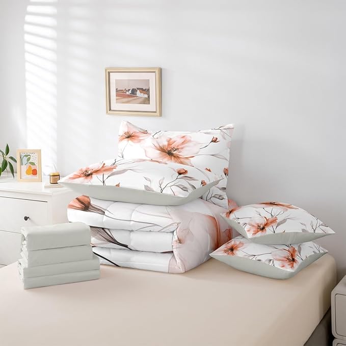 Erosebridal Boho Flower Twin Comforter Set with Sheets, Orange Floral 7 Pieces Bedding Set for Young Women Girls, Watercolor Flower Artistic Bed in A Bag, Ink Painting Style Blossom & Leaf Bed Sets