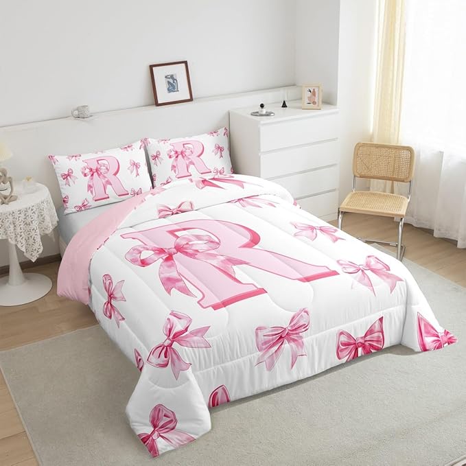 Erosebridal Initial Letter R Comforter Set King Size for Women Teen Girls Pink Alphabet Kids Bedding Set Romantic Dreamy Bowknot Bedding Comforter Sets Cute Kawaii Bow Princess Bed Set