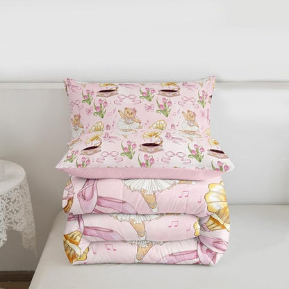 Manfei Pink Bowknot Kids Comforter Set Queen Size,Ballet Shoe Bow Tie Cute Bear Bedding Set,Girls Boys Room Decor,Music Note Tulip Quilt Comforter,Princess Duvet Set Bedroom Quilt Set,2 Pillowcases