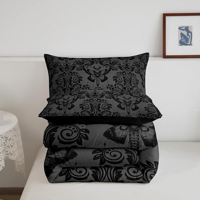 Feelyou Adults Gothic Comforter Set King Size Dark Olive Green Damask Comforter Death Moth Bohemia Boho Bedding Set Goth Skull Duvet Set Vintage Victorian Baroque Floral Quilt Set 3Pcs