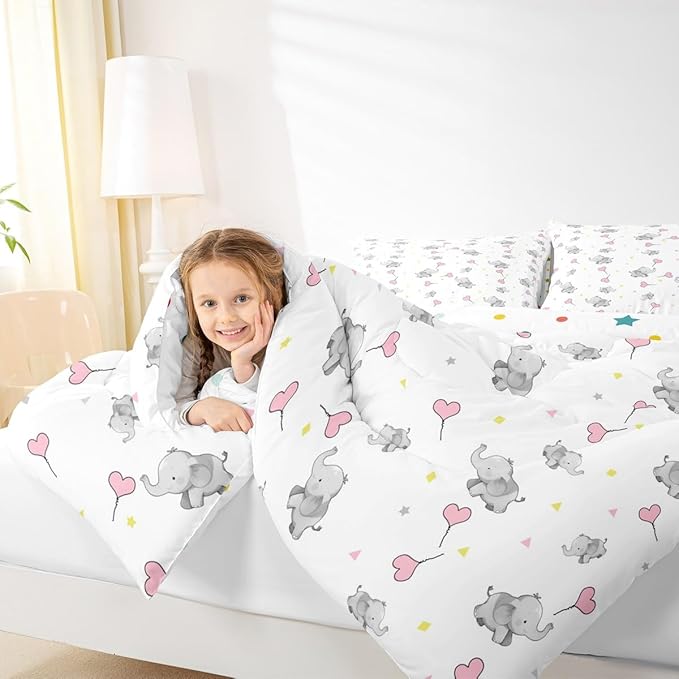 Erosebridal Lovely Elephant Comforter Set for Kids Girls Boys Teens Bedroom,Love Heart Down Comforter for All Season, Kawaii Animal Bedding Set, Cartoon Style Triangle Quilt King Size