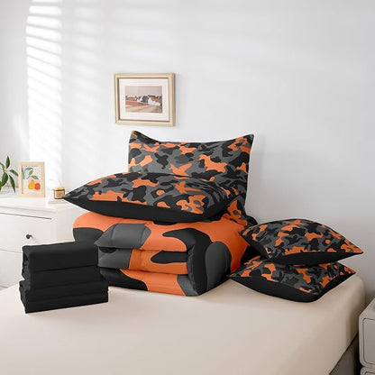 Erosebridal Duck Hunter 7 Piece Comforter Set Full Size Camo Bedding for Kids Army Camouflage Hunting Bed in A Bag Sheet Set Vintage Orange Grey Room Decor Wild Animal Duck Rustic Bed Set