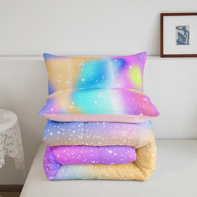 Feelyou Glitter Galaxy Bedding Set Soft for Boys Girls, Cute Rainbow Comforter Set Twin Size Tie Dye Ombre Duvet Quilt Microfiber Lovely Kids Rainbows Bedroom Decor 2 Pcs with 1 Pillow Cases