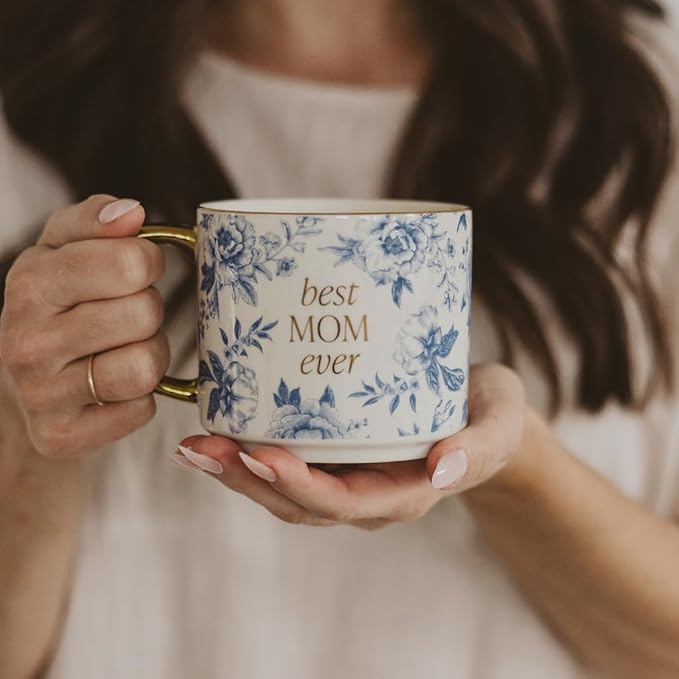 Sweet Water Decor Best Mom Ever Coffee Mug, Vintage Blue Delft Floral Design with Gold Handle & Rim, 14oz Fine Bone China Tea Cup, Cute Gifts for Mother's Day, Baby Shower, Christmas & Mom's Birthday