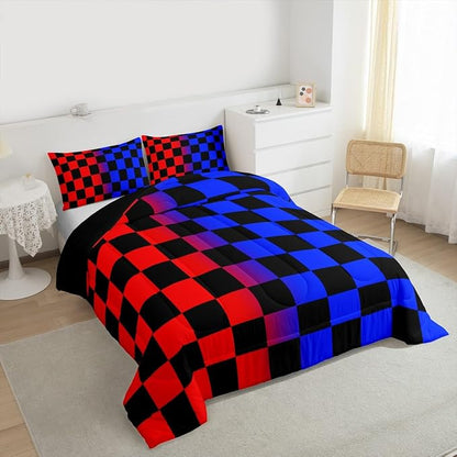 Checkered Kids Comforter Set Full Size Red Blue Plaid Bedding Set Cute Retro Neutral Checkerboard Geometric Duvet Quilt for Kids Boys Girls Bedroom Vintage Aesthetic Decor
