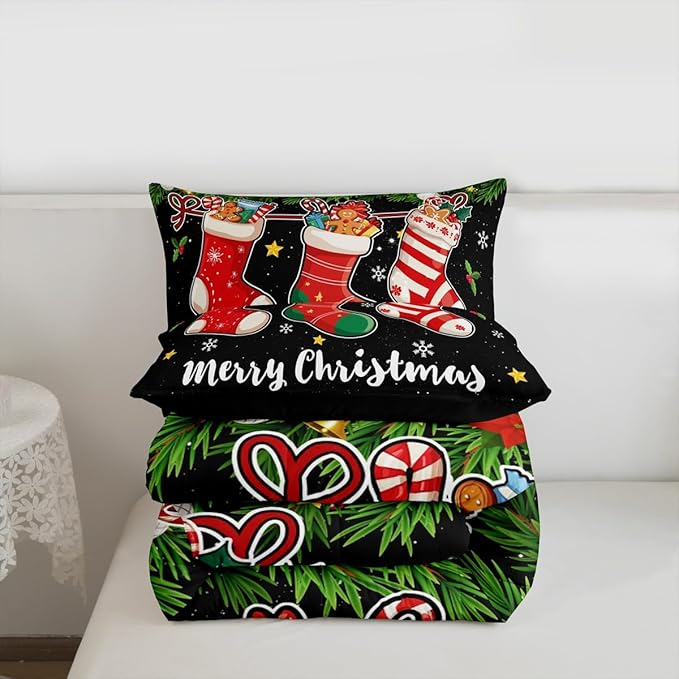 Merry Christmas Comforter Set Full Size,Cartoon Christmas Stocking Bedding Set 3Pcs,Vintage Black White Check Quilt Set for Kids Girls Boys Room Decor Xmas Tree Duvet Insert,2 Pillowcases