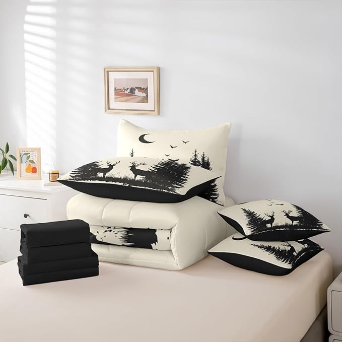 Erosebridal Full Size Rustic Deer Comforter Set with Sheets 7 Pcs | Forest Cute Moose Wild Animal Bedding Set for Kids Boys Girls Farmhouse Cabin Lodge Bed in A Bag Tree Moon Woodland Quilt Sets