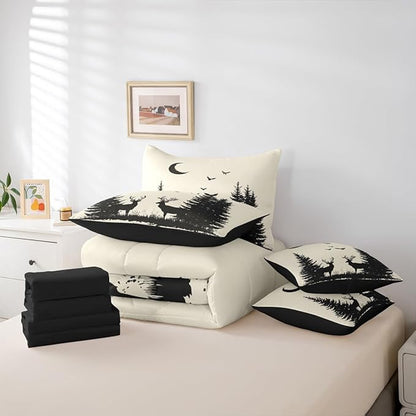 Erosebridal King Size Rustic Deer Comforter Set with Sheets 7 Pcs | Forest Cute Moose Wild Animal Bedding Set for Kids Boys Girls Farmhouse Cabin Lodge Bed in A Bag Tree Moon Woodland Quilt Sets