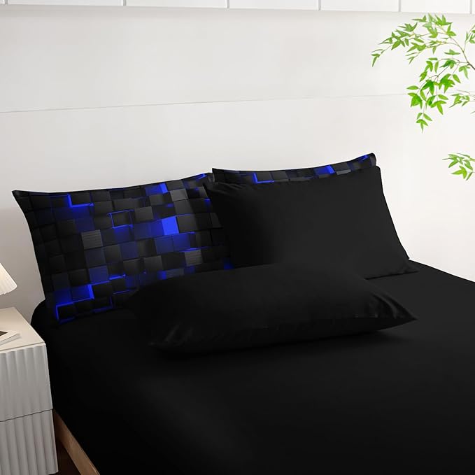 Geometric Blue Black Queen Comforter Set,Light Honeycomb Bedding Set 7 Piece in A Bag,Bed Sheet Set Geometry Decor,Microfiber Lightweight All Season