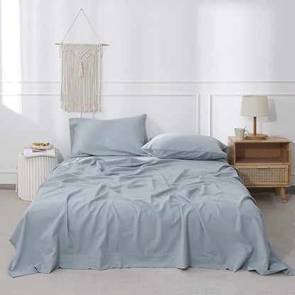 Simple&Opulence Belgian Linen Sheet Set Solid Color - 4 Pieces (1 Flat Sheet, 1 Fitted Sheet & 2 Pillowcases) Natural Flax Cotton Blend Soft Breathable Farmhouse Bedding - King Size, Dusty Blue