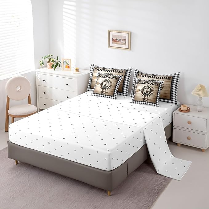 Erosebridal Farmhouse Windmill Comforter Set Bed in a Bag Full 7Pcs for Kids Boys Rustic Wooden Comforter Set with Flat Fitted Sheets, 2 Pillowcases and 2 Throw Pillow Covers