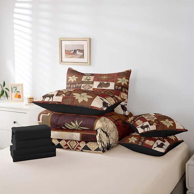 Erosebridal Buffalo Plaid 7 Piece Comforter Set Cabin Decor,Bear Elk Deer Wild Animal Bedding Sets Fall Leaves Pine Cones Bed Sheets Wildlife Hunting Theme Quilt Bohemian Floral Bed in a Bag,Queen