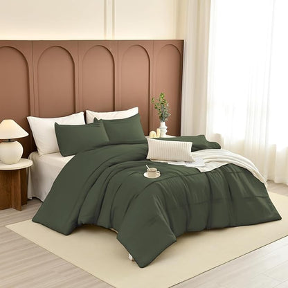 Sanracie King Comforter Set(106"x 95"), Cotton Olive Green Color Pinch Pleated Bedding Sets,3Pcs Lightweight Breathable Neutral Comforter Sets for All Season