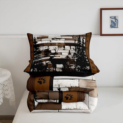 Feelyou Rustic Deer Bedding Set Wild Animals Hunt Comforter Set for Kids Boys Girls Brown Wooden Comforter Paw Print Quilt Set Bedroom Collection 3Pcs King Size