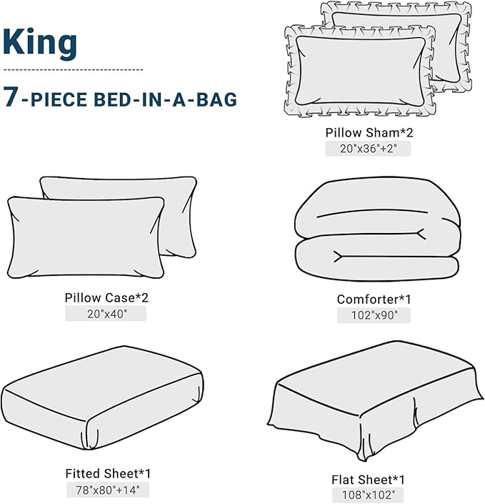 JOLLYVOGUE King Size Comforter Set 7 Pieces, Teal Bed in a Bag Comforter Set for Bedroom, Beddding Sets with Comforter, Sheets,Ruffled Shams & Pillowcases