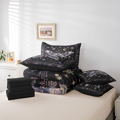 Erosebridal Black Boho Moth Comforter Set Queen with Sheets,Sun Moon and Stars Bedding Set 7 Piece Gothic Bedroom Decor,Trippy Butterfly Bed in a Bag with Fitted Sheet,Flat Sheet,Pillowcases & Shams