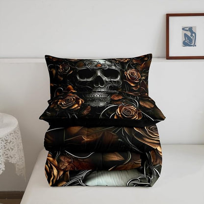Erosebridal Gothic Bedding Set for Adluts Kids Teens Goth Skull Toddler Comforter Vintage Victorian Romantic Orange Rose Floral Quilt Spooky Grunge Skeleton Boho Horror Bedding,Gothic Decor