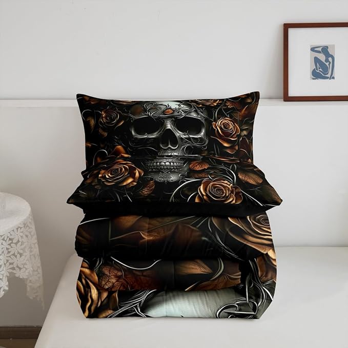 Erosebridal Gothic Bedding Set for Adluts Kids Teens Goth Skull Comforter Full Size Vintage Victorian Romantic Orange Rose Floral Quilt Spooky Grunge Skeleton Boho Horror Bedding,Gothic Decor