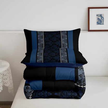 jejeloiu Adult Classic Jacquard Bedding Set King Size Damask Pattern Comforter Set for Boys Girls Black Blue Stripe Duvet Set Baroque Quilt Set 3Pcs