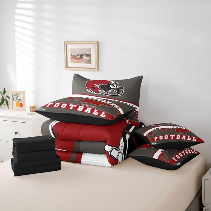Erosebridal Football City 7 Pcs Comforter Set Queen Football Bedding for Boys Girls Grey Red Rugby Game Sheet Set Bed in A Bag Football Fans Bedroom Decor Sports Ball Team Quilt