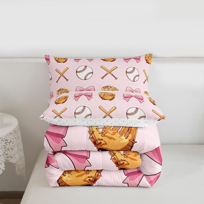 Castle Fairy Bow Baseball Down Comforter Queen Size,Baseball Bat Gloves Bedding Sets 3Pcs for Kids Girls Boys Women Room Decor,Girl Sports Games Quilted Duvet Kawaii Pink Bedspread,2 Pillowcases