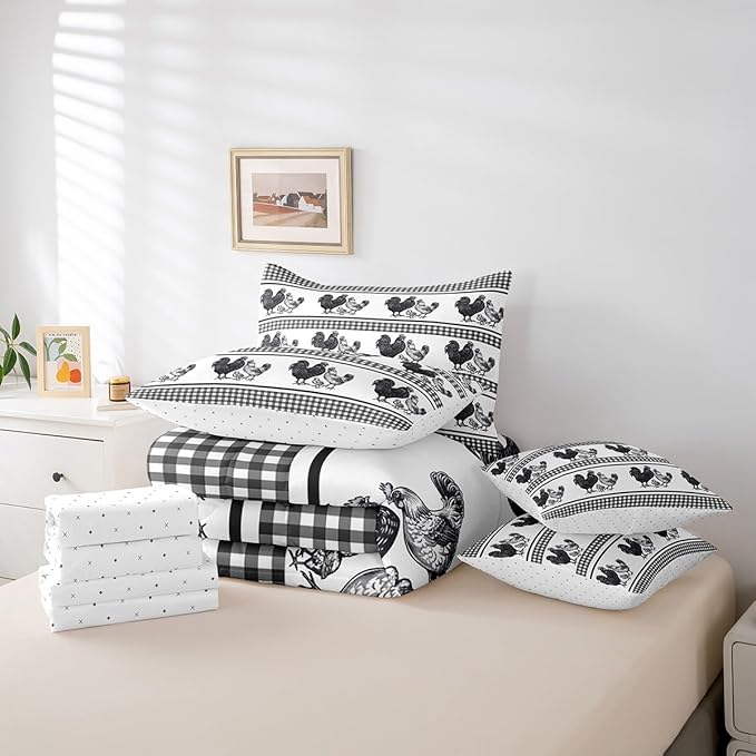 Erosebridal 7 Pcs Rooster Comforter Set Full Size,Farmhouse Animal Bed in a Bag with Flat Sheet and Fitted Sheet for Kids and Adults,Rustic Chick Family Bedding Set with Pillowcases and Cushion Cases