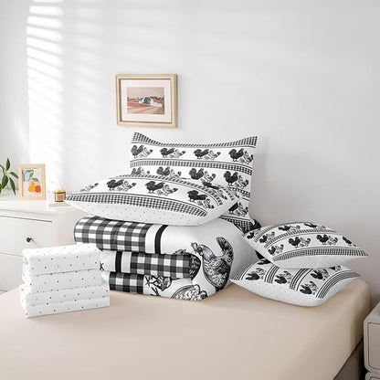 Erosebridal 7 Pcs Rooster Comforter Set Full Size,Farmhouse Animal Bed in a Bag with Flat Sheet and Fitted Sheet for Kids and Adults,Rustic Chick Family Bedding Set with Pillowcases and Cushion Cases