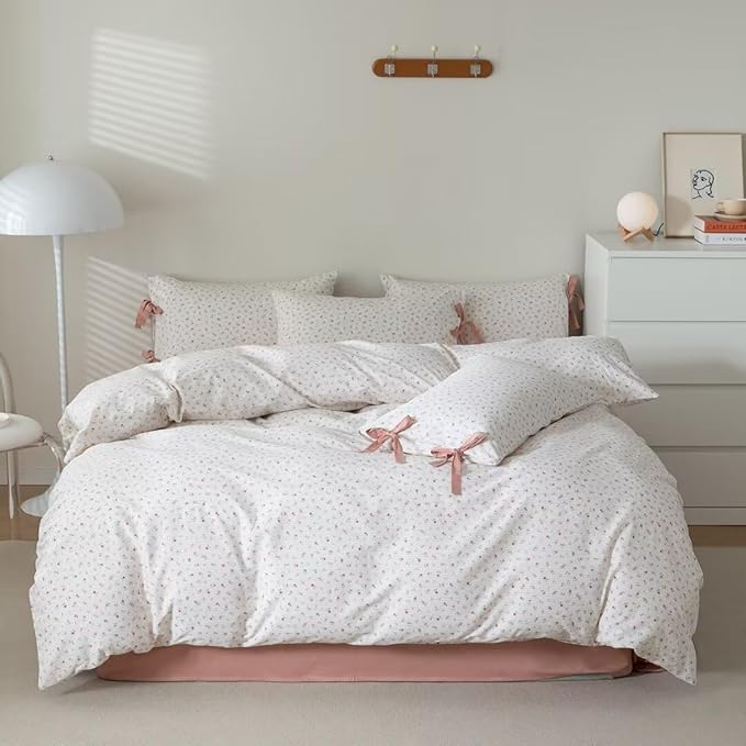 MKXI White and Pink Comforter Set - Queen Size with Flowers, Pink Stripes, Garden Theme - Soft, Floral Print Comforter