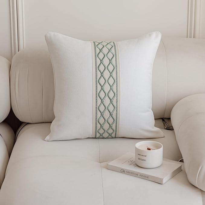 Throw Pillow Covers with Insert Included, with Embroidered Detail, 18 x 18 inches, Decorative Throw Pillow for Sofa Couch Bed (White, 18" L x 18" W)