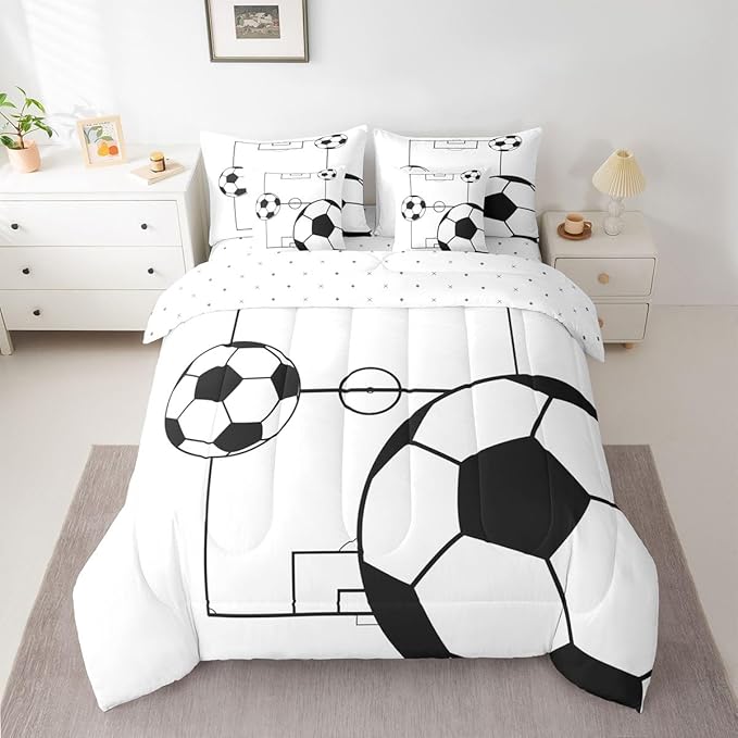 Erosebridal Sports Theme 7 Piece Bedding Set Full Soccer Ball Comforter Set with Sheets Football Boys Games Soccer Ball Bed in a Bag Playground Pattern White for Kids Boys Girls