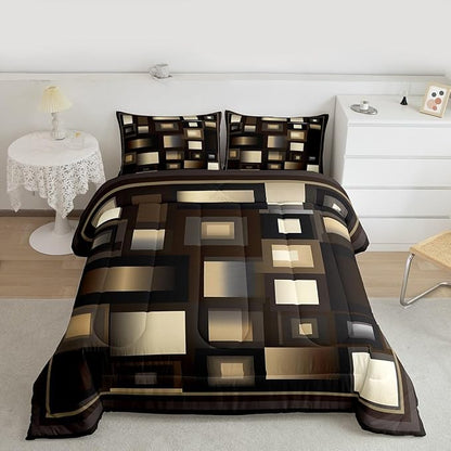 Castle Fairy Modern Comforter Set Queen Size,Brown White Khaki Square Bedding Set for Kids Boys Girls Bedroom Decoration,Abstract Grid Art Bed Duvet Insert,Geometric Comforter with 2 Pillowcase
