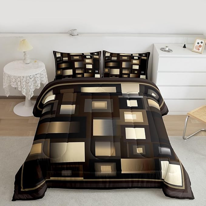 Castle Fairy Brown Comforter Set,Modern Squares Design Bedding Set for Kids Girls Women,Adults Geometric Grid Comforter,Abstract Quilted Duvet Set Bedroom Collection Twin Size 2Pcs