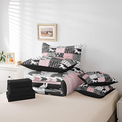 Erosebridal Girls Unicorn 7 Piece Comforter Set Queen Girly White Horse Bedding Western Cowboy Cowgirls Quilt Buffalo Plaid Duvet Insert Arrow Stripes Wild Animal Sheets Bedroom Decor,Pink Black