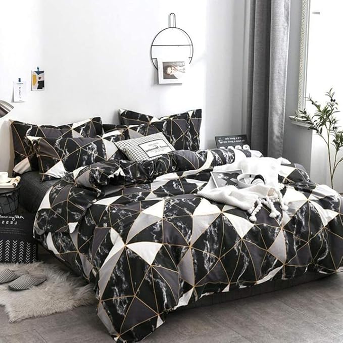 Houseri Black Comforter Set Full Black and White Geometric Marble Full Size Bedding Sets Boys Soft Breathable Black Plaid Bedding Modern Chic Triangle Gold Diamond Grid Comforters Bed Quilt Full