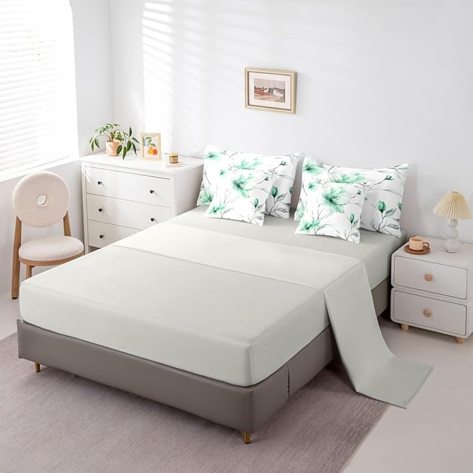 Erosebridal Green Floral Twin Comforter Set with Sheets, Boho Flower 7 Pcs Bedding Set, Ink Painting Style Blossom & Leaf Bed in A Bag, Elegant Watercolor Floral Bed Sets for Adults Women Girls