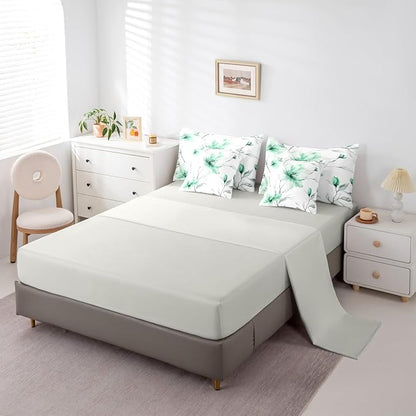 Erosebridal Green Floral Twin Comforter Set with Sheets, Boho Flower 7 Pcs Bedding Set, Ink Painting Style Blossom & Leaf Bed in A Bag, Elegant Watercolor Floral Bed Sets for Adults Women Girls