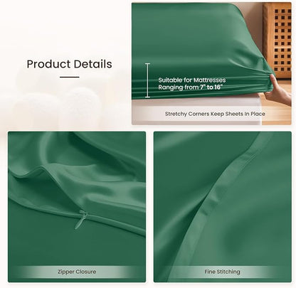THXSILK 6A+ Top Grade 100% Pure Mulberry Silk King Fitted Sheet 3Pcs Set Bed Sheets Luxury Bedding for Hair and Skin Healthy Natural Materials, 1 Fitted Sheet with 2 Pillowcases, Emerald Green