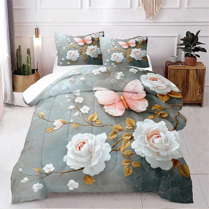 Floral Butterfly Comforter Set Queen White Flower Pink Butterflies on Gray Marble Bedding Set for Women Men Modern Aesthetic Bedding Soft Lightweight 90x90 Comforter with 2 Pillowcases