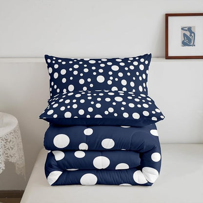 Manfei White Polka Dots Comforter Set Twin Size 2 Pcs,French Style Cute Dots Print Bedding Set,Geometric Circles Navy White Simple Quilt Set for Child Bedroom,1 Pillowcase