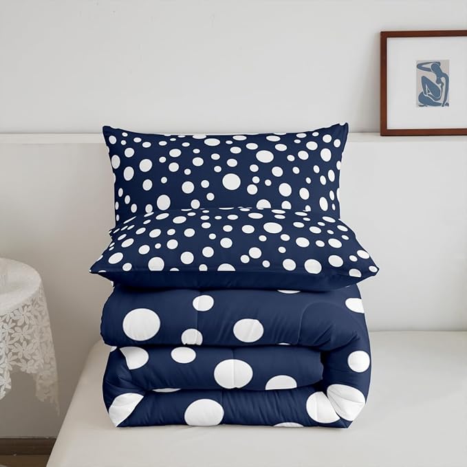 Manfei White Polka Dots Comforter Set Queen Size 3 Pcs,French Style Cute Dots Print Bedding Set,Geometric Circles Navy White Simple Quilt Set for Young Adults,2 Pillowcases