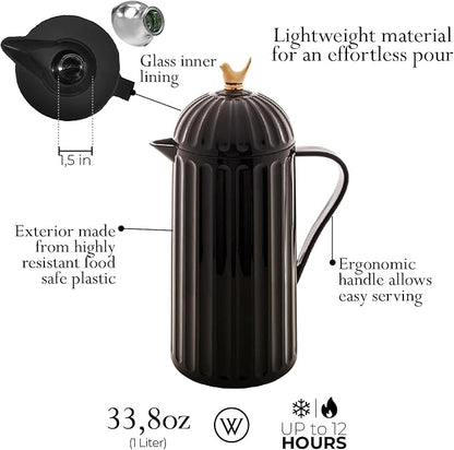 WOLFF - Bird Thermal Coffee Carafe - Hot or Cold Drinks, Plastic Exterior and Glass Insulation Lining Flask Coffee Dispenser, Thermal Bottle for Beverages, Tea and Water Pitcher- Black, 34floz/1L