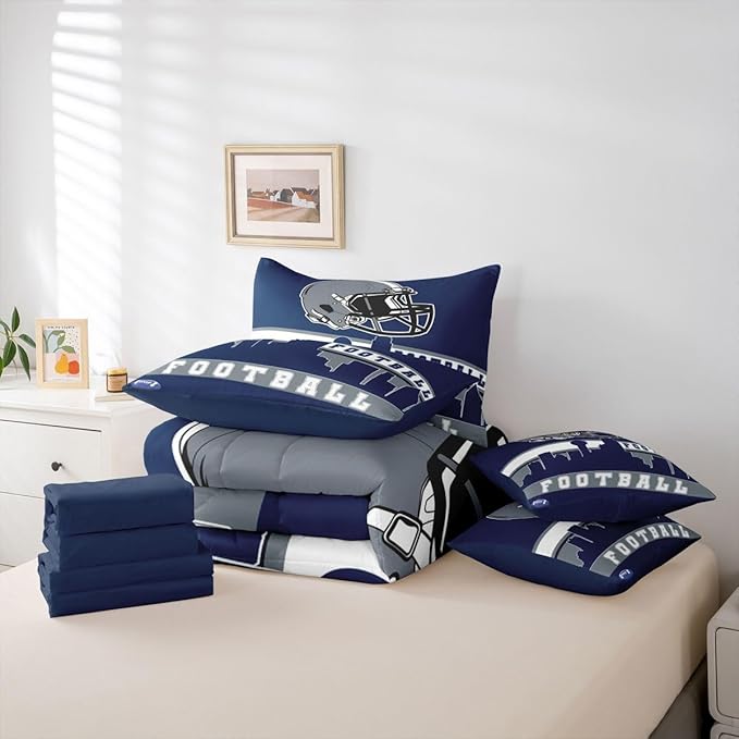 Erosebridal Football City 7 Pcs Comforter Set Twin Football Bedding for Boys Girls Blue Rugby Game Sheet Set Bed in A Bag Football Fans Bedroom Decor Sports Ball Competition Bed Set