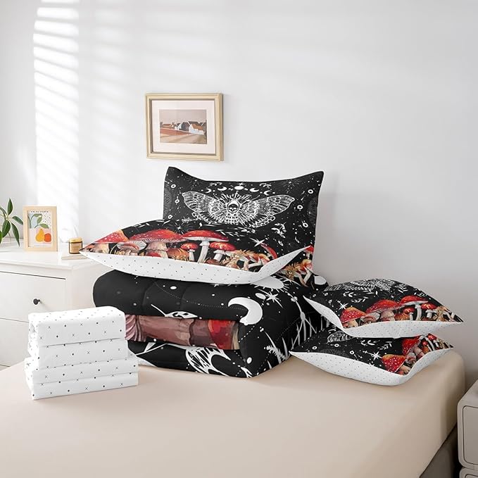 Feelyou Death Moth Bedding Set with Comforter, Queen Size 7Pcs Halloween Decorations Comforterative Cute Mushroom Bed in a Bag with Comforter, Boho Moth Room Decor