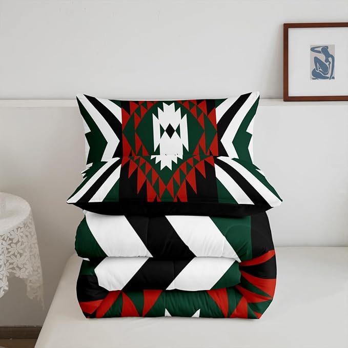 Feelyou Southwestern Aztec Tribal Comforter Set Red Green Boho Western Toddler Size Bedding Set for Kids Boys Girls Vintage Geometric Duvet Quilt