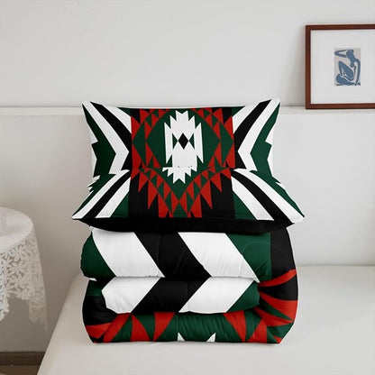 Feelyou Southwestern Aztec Tribal Comforter Set Red Green Boho Western King Size Bedding Set for Kids Boys Girls Vintage Geometric Duvet Quilt