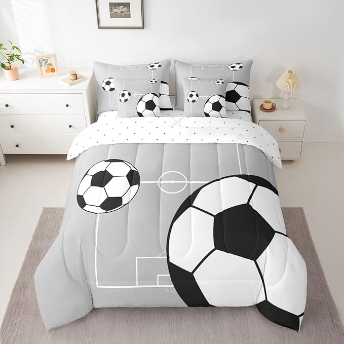 Erosebridal Football 7 Piece Bedding Set Queen Boys Sports Comforter Set with Sheets Soccer Ball Theme Playground Bed in a Bag Football Court Pattern Grey White for Kids Boys Girls