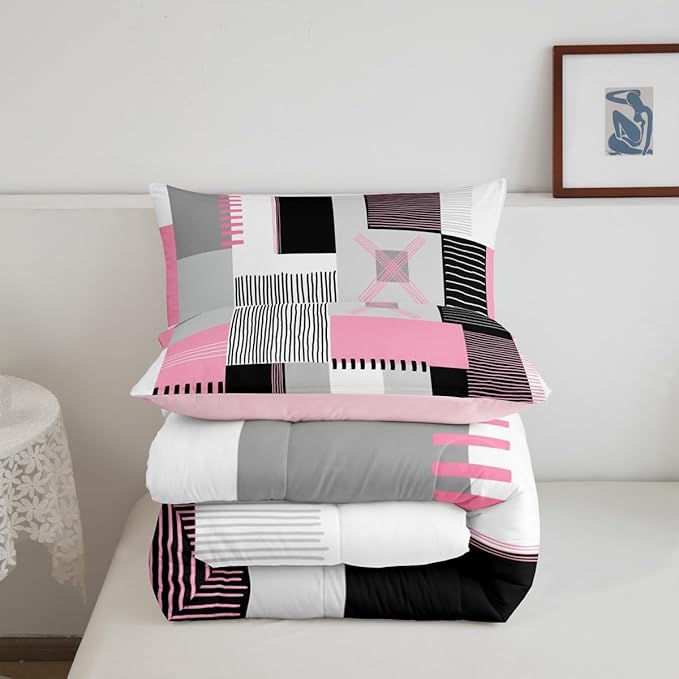 Erosebridal Pink Grey Girls Comforter Set King Black White Abstract Bedding Set for Kids Teen Women Geometric Square Quilt Grids Checkered Duvet Insert Modern Fashion Room Decor 3 Pcs