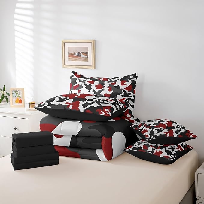 Erosebridal Duck Hunter 7 Piece Comforter Set Twin Size Camo Bedding for Kids Boys Army Camouflage Hunting Bed in A Bag Sheet Set Vintage Red Black Room Decor Wild Animal Duck Rustic Bed Set