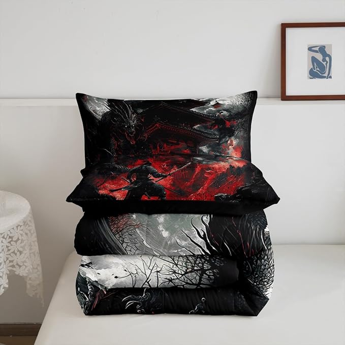 Feelyou Dragon Comforter Set Queen Size Japanese Style Comforter for Boys Girls Teens Samurai Bedding Set Dragon Decor Duvet Set Room Decor Black Red Quilt Set