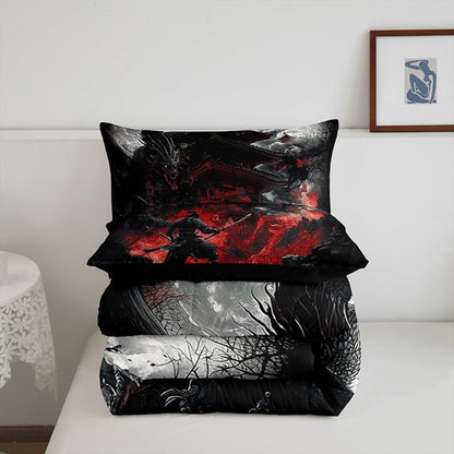 Feelyou Dragon Comforter Set King Size Japanese Style Comforter for Boys Girls Teens Samurai Bedding Set Dragon Decor Duvet Set Room Decor Black Red Quilt Set